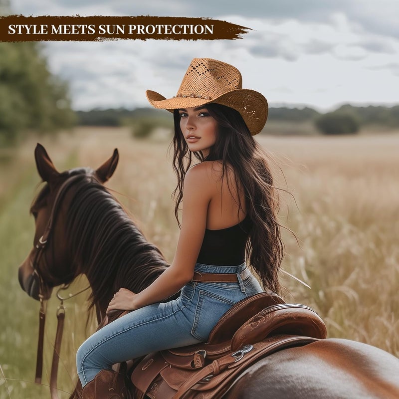 Willheoy Straw Cowboy Hat for Men Womens Straw Cowgirl Hat Summer Western Cowboy Hats with Wide Brim for Cowgirls and Cowboys - Image 3